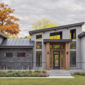 Elegant rendering of a Modern American Farmhouse with 4 bedrooms and stylish, single-story architecture.