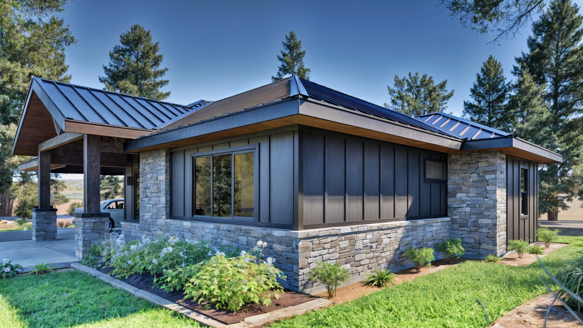 The design includes a 1-car carport and a welcoming exterior of board-and-batten siding, natural masonry, and stucco. Inside, an open-concept layout connects the living, dining, and kitchen areas, maximizing space.