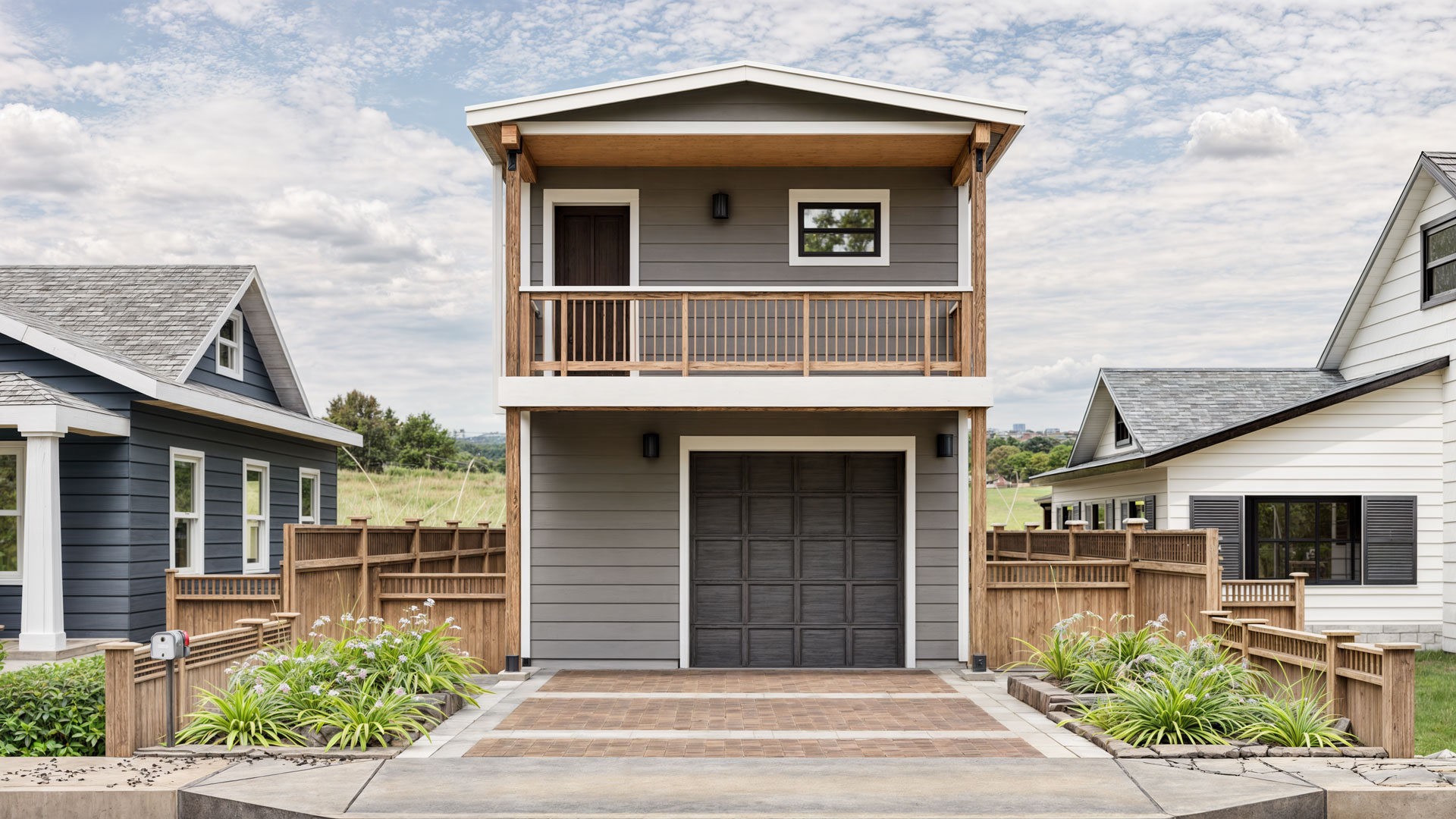 Exterior view of a Tiny Home Duplex Plan, designed for functionality and comfort, perfect for small families or as a rental property on a narrow lot.