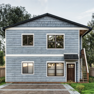 One-bedroom ADU plan with a compact kitchen, private bathroom, and spacious living area. Designed by Radius Design for efficient urban living.